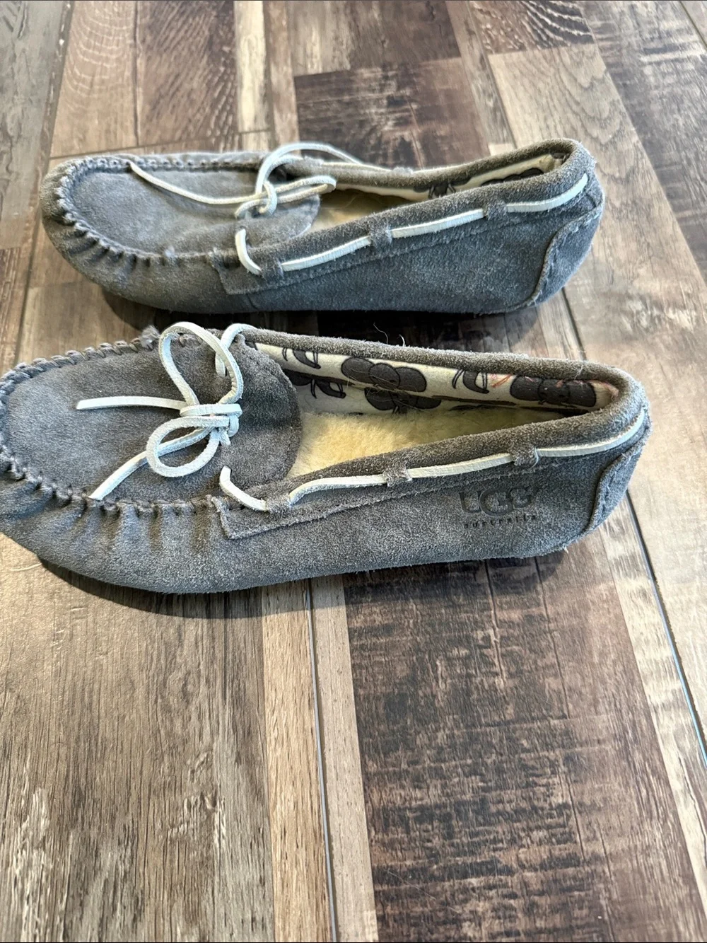UGG Kids Gray Suede Moccasins with Bow Accent